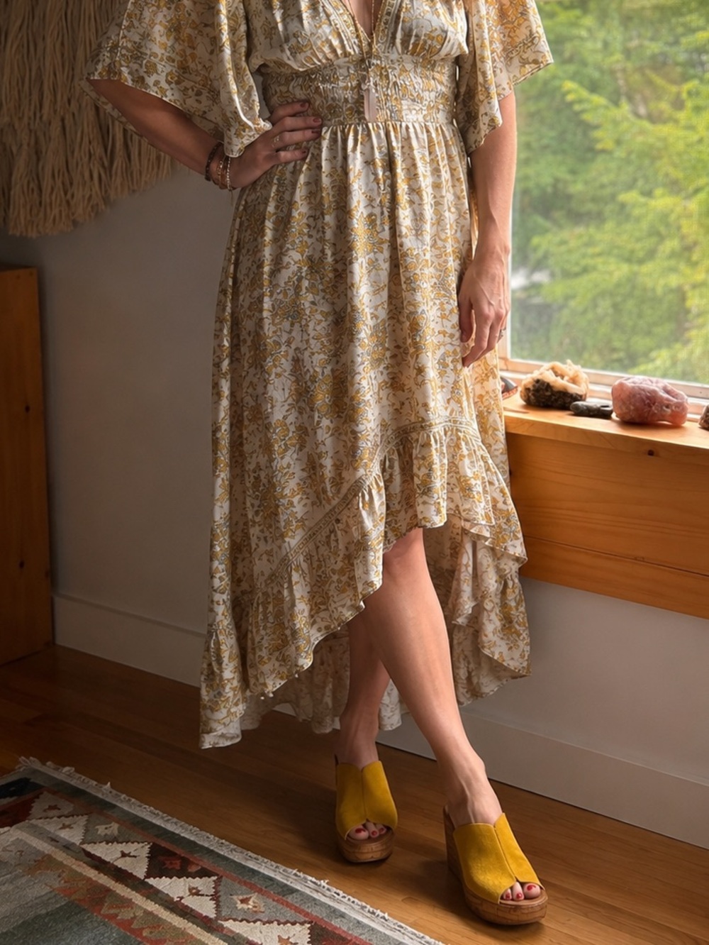 Italian cork suede, Boho yellow mule wedges 8